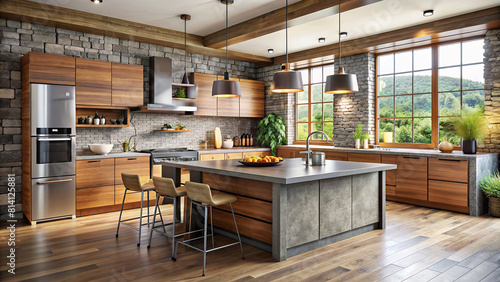 A contemporary kitchen with a mix of textures, including wood, metal, and stone, creating a visually interesting and inviting space.  photo