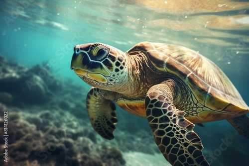 Graceful Turtle underwater swim. Water marine. Generate Ai