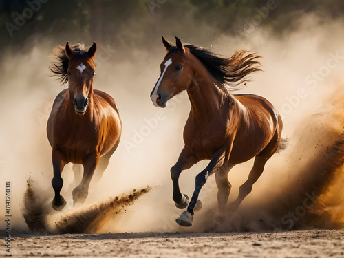 Chestnut Horses Kick Up Dust in a Wild Run.