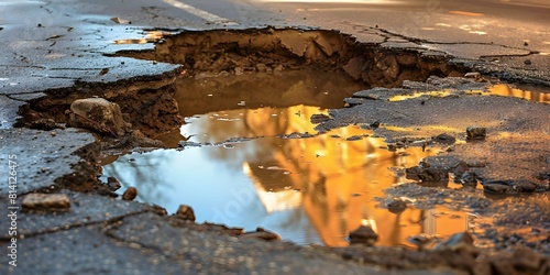 Massive sinkhole on urban road caused by damaged pavement flooded with water. Concept Sinkhole, Urban Road, Damaged Pavement, Flooding, Water Damage