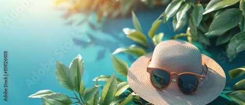 Hat, Sunglasses, and Flowers on Blue Background