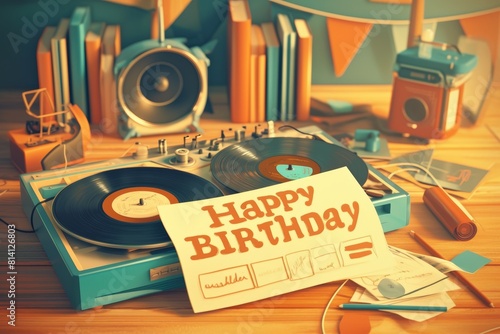 Retro Birthday Card Design with Vinyl Records and Mid-Century Modern Fonts