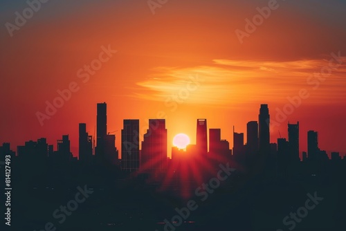 Dawn of New Beginnings: Modern City Skyline at Sunrise Symbolizing Growth and Opportunities