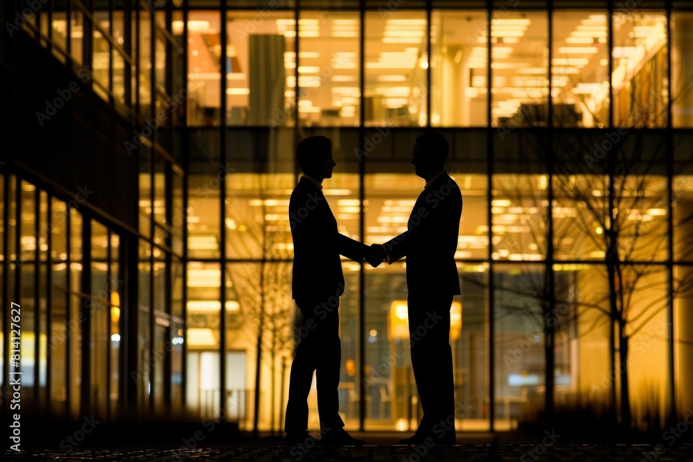 Fototapeta premium Business Partnership Agreement Silhouetted Against Corporate Building