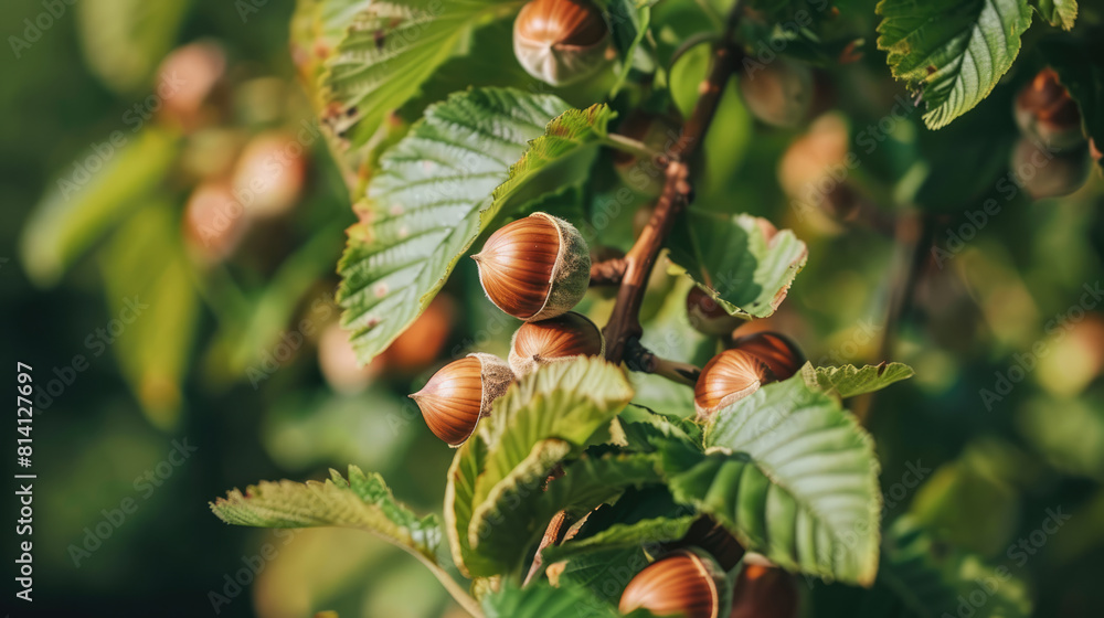 A macro shot of a cluster of hazelnuts hanging from the branches