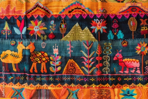 Traditional colorful embroidered textile with animals and floral patterns