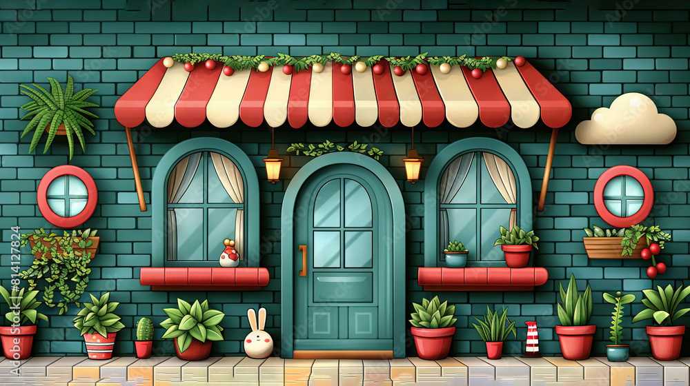 Obraz premium A green brick building with a red & white awning, potted plants in front
