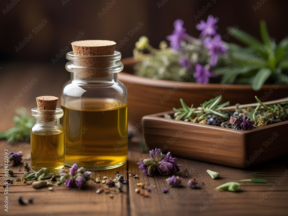 Natural remedy of essential oils, bath mixes and tea on table background Natural remedy of essential oils, bath mixes and tea on table background