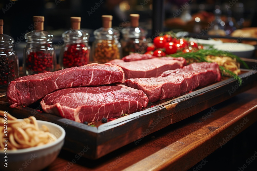 Beef steaks on a tray in a restaurant. Selective focus. Beef steaks on a tray in a restaurant. Selective focus.