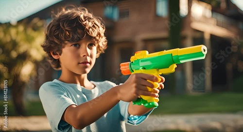 Happy child with water gun in summer.