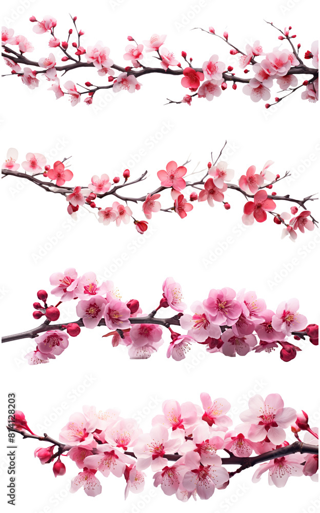 Elegant Cherry Blossom Branch Set, Graceful Sakura Twigs on Transparent Background for Seamless Integration.