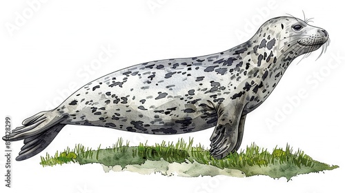   Watercolor illustration of a seal on a green field with an open mouth and extended tongue photo