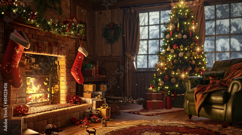 A cozy living room aglow with the warm light of a crackling fire with stockings hung by the chimney with care and a beautifully decorated tree © NUSRAT ART