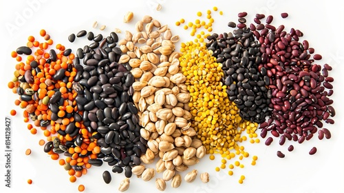The image likely displays a mixture of various legumes arranged neatly and isolated on a white background, viewed from the top in a flat lay style.