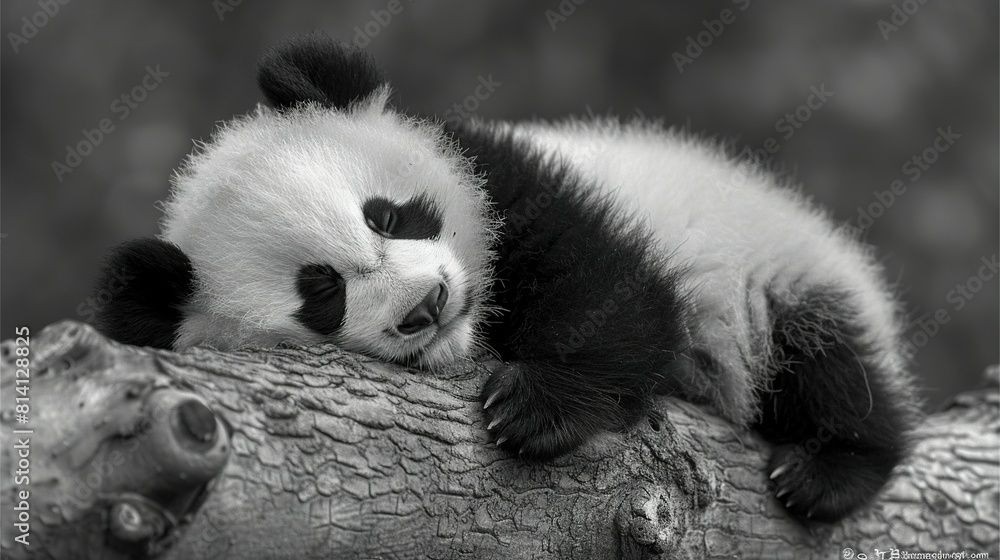Panda snoozing on tree limb, head resting on a branch Panda snoozing on tree limb, head resting on a branch
