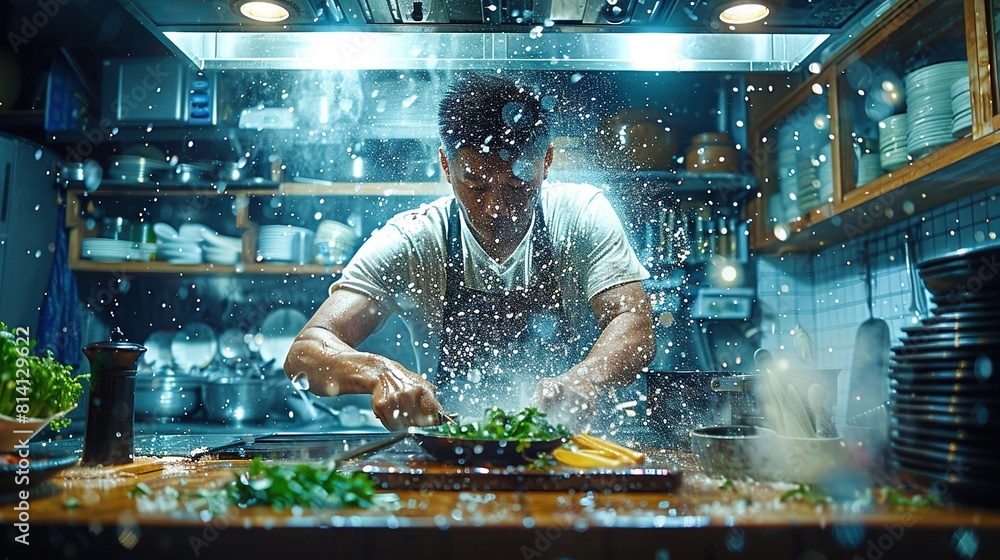 A man in the kitchen prepares food on a cutting board with a knife and a knife in the foreground A man in the kitchen prepares food on a cutting board with a knife and a knife in the foreground