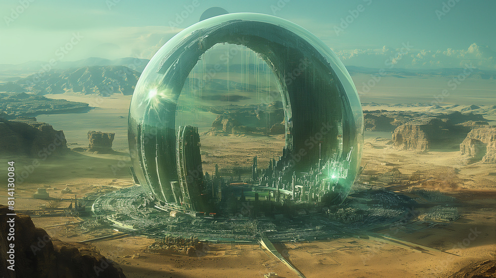 Fototapeta premium Cities built on the concept of green cities in a desert. Growing plants in greenhouses to protect plants. Desert Plant Research Institute. Plants growing in glass domes.