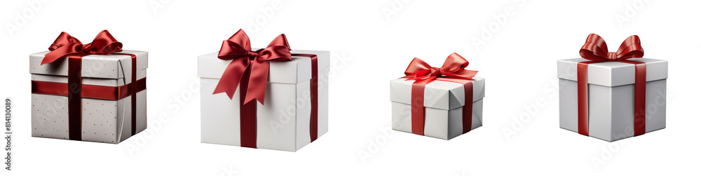 Obraz premium Elegant Set of White Gift Boxes Tied with Gleaming Red Ribbons, Isolated on a Transparent Background. Ideal for Special Occasions and Holiday Presents.