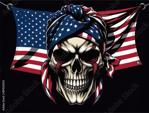 Vector drawing for t shirt design. 
Human skull with american flag 
tied in bandana on head on black background. 
Fashionable print for fabric, paper, men clothing.
Pirate symbol.