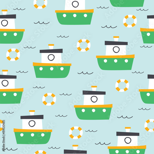 Seamless marine pattern with boat and waves. Vector illustration. It can be used for wallpapers, wrapping, cards, patterns for clothes and other. © Evalinda