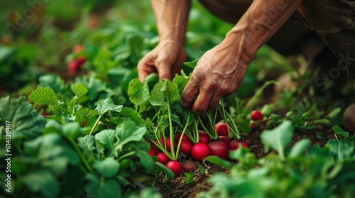 A man collects fresh radishes in the garden, close-up of his hands.