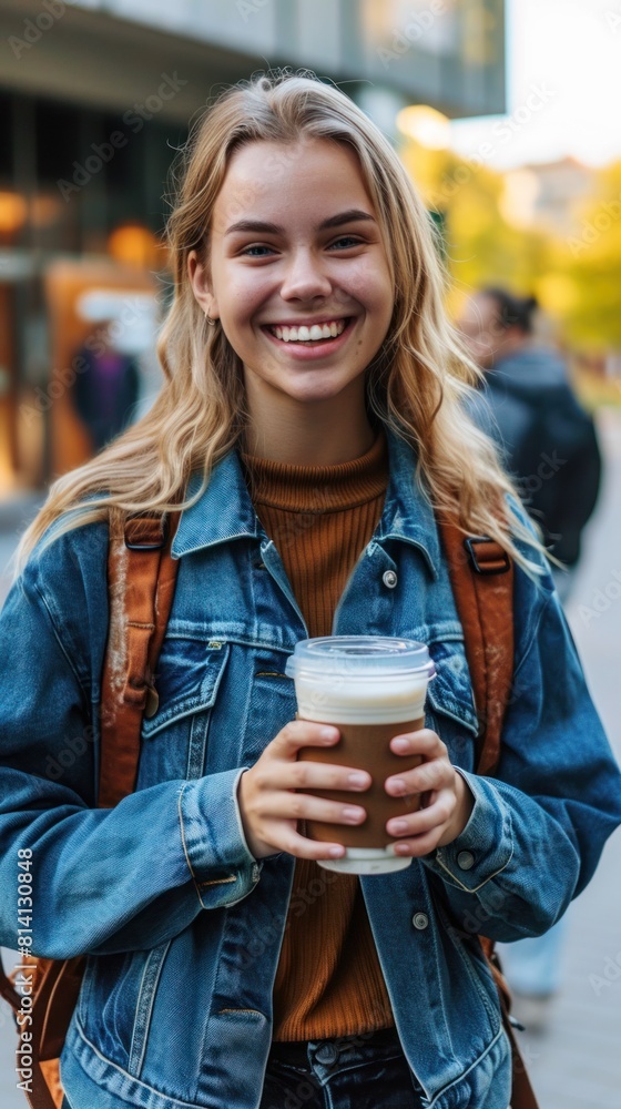 A smiling woman with blonde hair, wearing a denim jacket and a backpack. She is holding a cup of coffee. A smiling woman with blonde hair, wearing a denim jacket and a backpack. She is holding a cup of coffee.