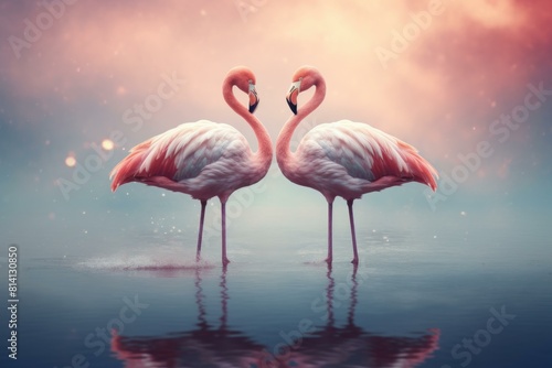 Two flamingos in water against a dreamy sunset sky  creating a heart shape with their necks