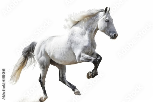 purebred white andalusian horse with black legs and mane galloping equine photography isolated on white