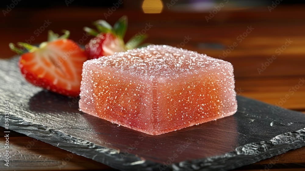 A focused view of a single food item, featuring strawberries adjacent to it on the plate A focused view of a single food item, featuring strawberries adjacent to it on the plate