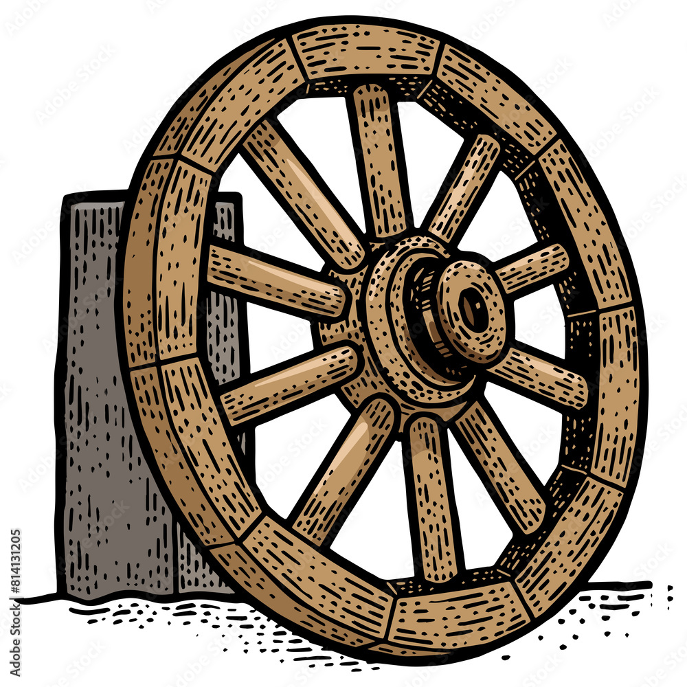 Wooden cart wheel on the side of the road color sketch engraving PNG illustration. T-shirt apparel print design. Scratch board imitation. Black and white hand drawn image.