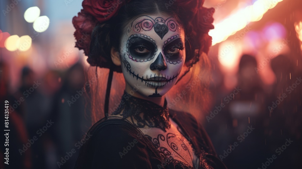 Holiday horror in a close-up-a girl with sugar skull makeup at the Mardi Gras festival, a celebration of beauty in darkness. Holiday horror in a close-up-a girl with sugar skull makeup at the Mardi Gras festival, a celebration of beauty in darkness.