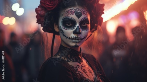 Holiday horror in a close-up-a girl with sugar skull makeup at the Mardi Gras festival, a celebration of beauty in darkness.