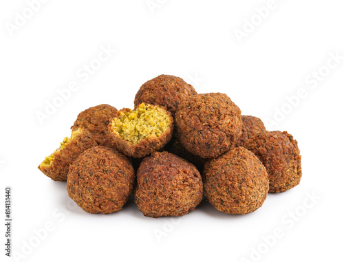 Heap of tasty falafel balls on white background