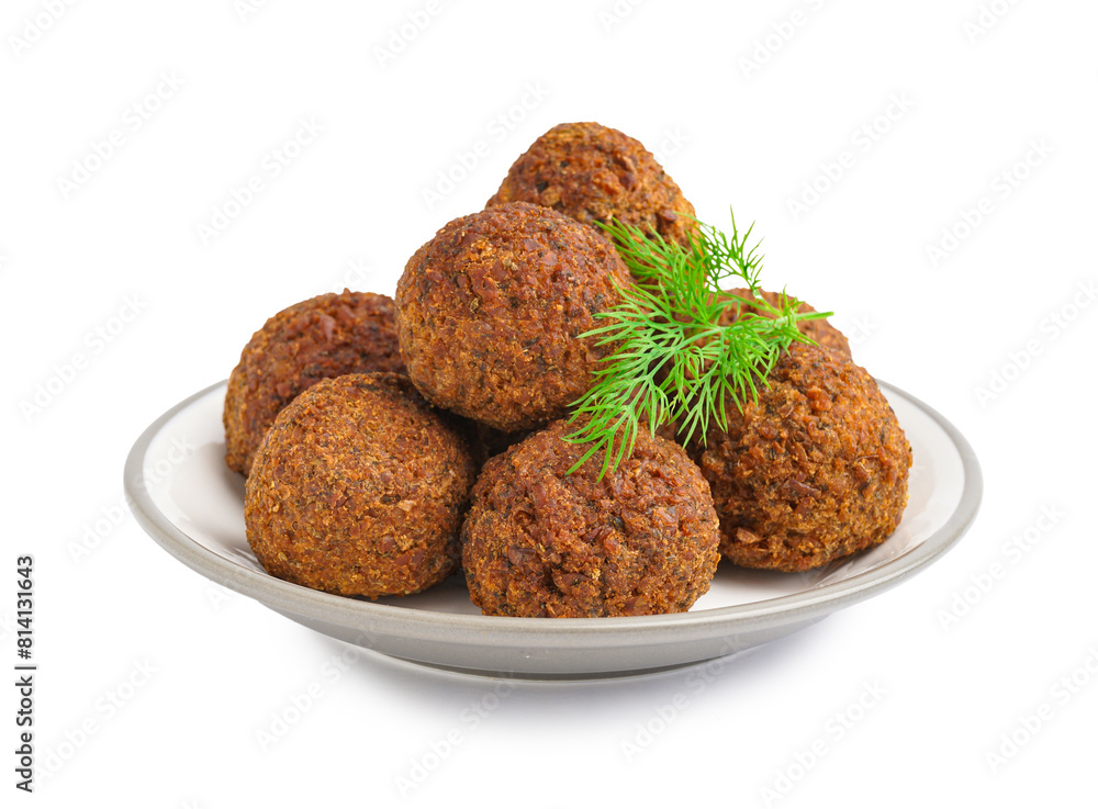Plate with delicious falafel balls and dill on white background Plate with delicious falafel balls and dill on white background