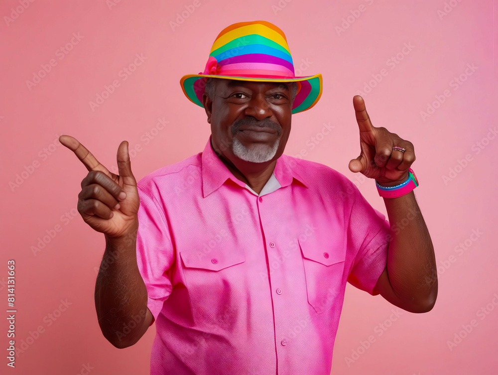 A man in a pink shirt and hat pointing two fingers. A man in a pink shirt and hat pointing two fingers.