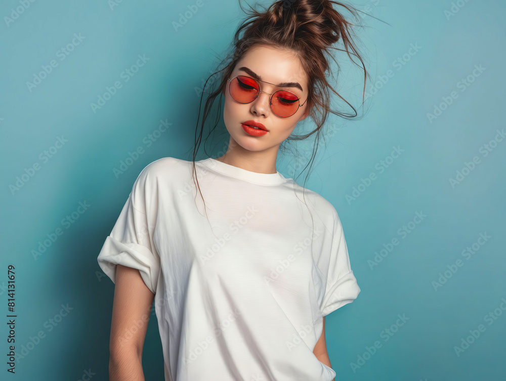 Young woman in sunglasses posing on blue background. Young woman in sunglasses posing on blue background.