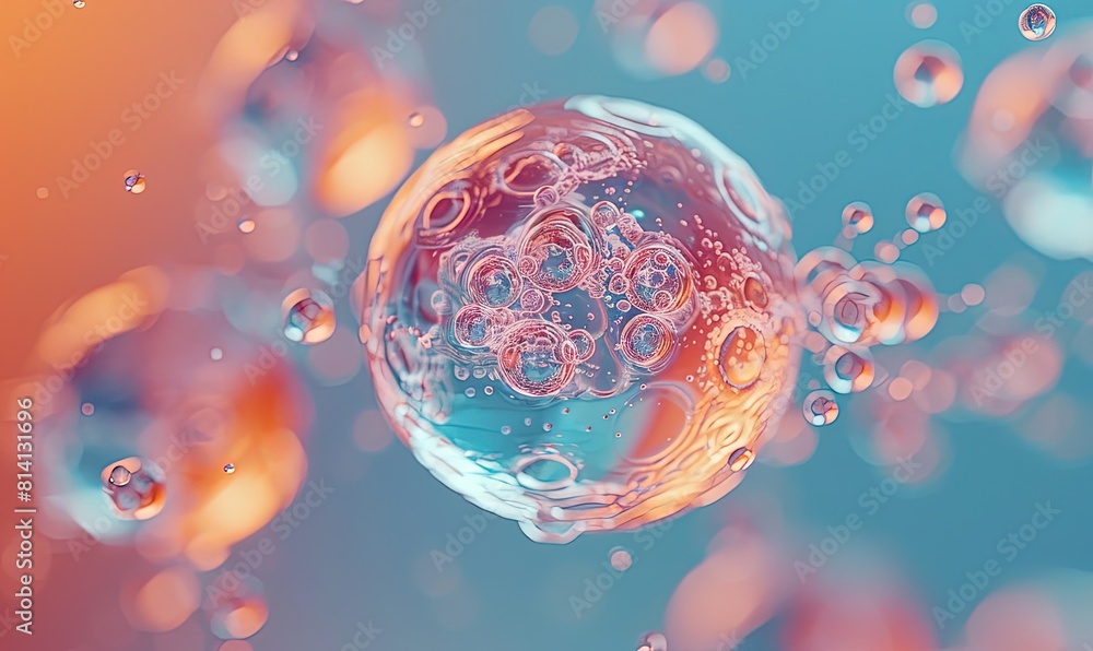 a molecule on a blue and orange background, resembling a water droplet with a magenta a molecule on a blue and orange background, resembling a water droplet with a magenta