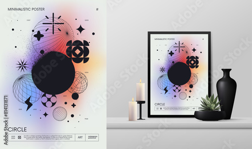 Vector gradient minimalistic rave Poster with strange wireframes graphic assets geometrical shapes Y2K design brutalism and mockup in the interior, 3d form spheres and circle with dissolving effect © max_776
