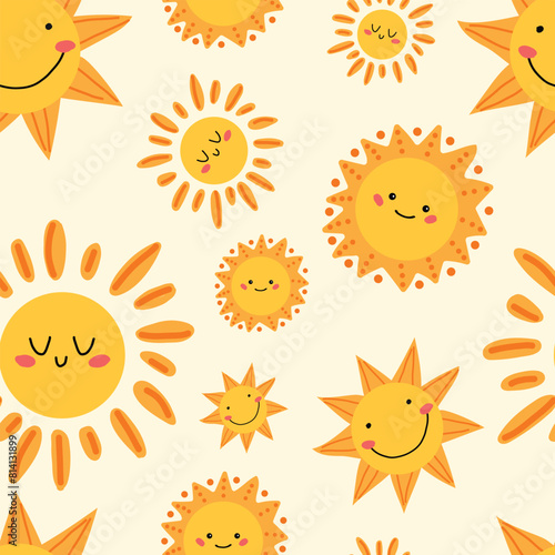 Seamless pattern with a cute sun. Different cute sunshine pattern. Summer positive children's pattern. Print for children's fabric, textile.
