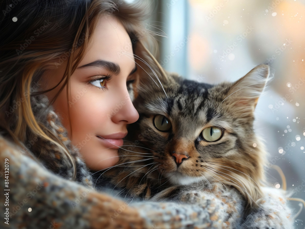 A woman is hugging a cat while looking out the window. A woman is hugging a cat while looking out the window.