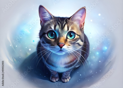 Cute cat with blue eyes. Digital art painting. Illustration.