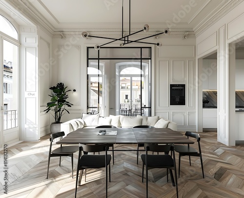 modern apartment in Rome  dining table and sofa  white walls with wood floor and parquet 