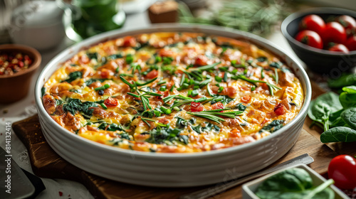 A pizza with spinach and tomatoes is sitting on a wooden table. The pizza is cut into slices and is ready to be eaten
