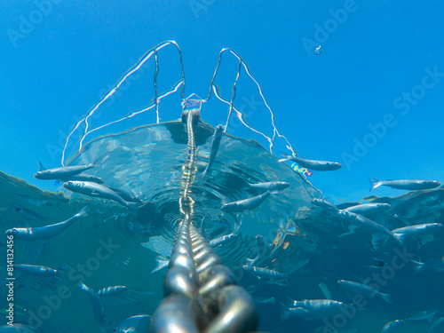UNDERWATER. Fishes, ancor chain and reflected boat. Marine life of the Atherinos Bay, Meganisi island, Greece.