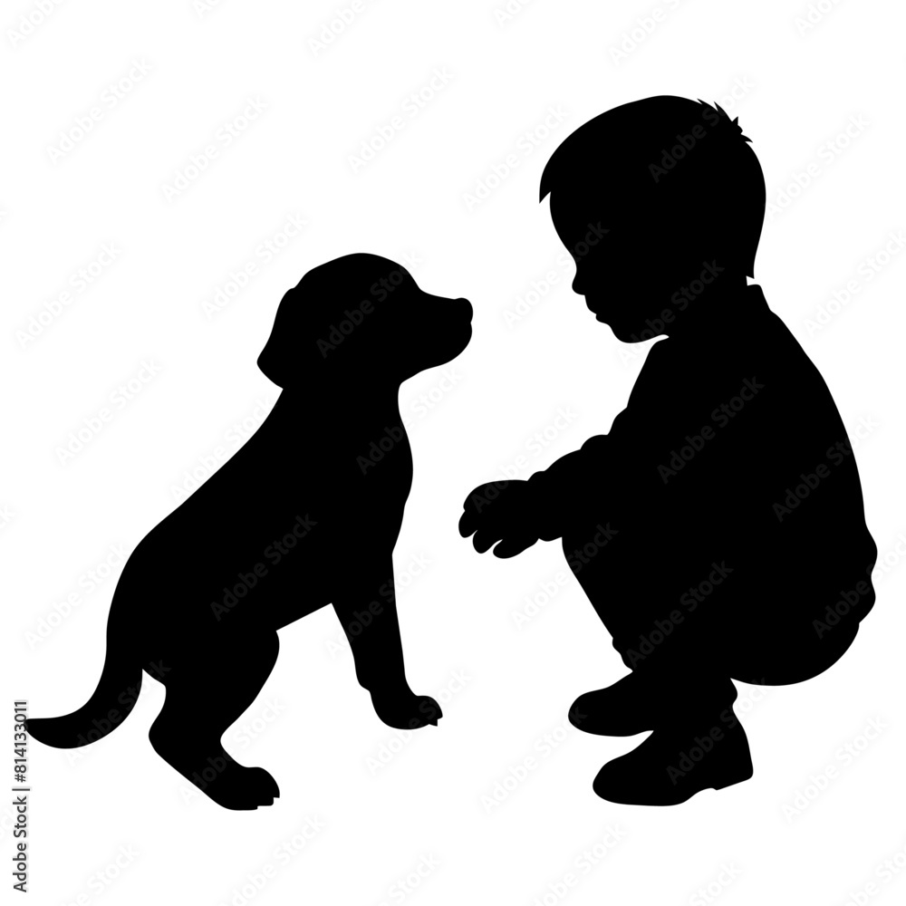 A boy play with dog vector silhouette black color illustration A boy play with dog vector silhouette black color illustration