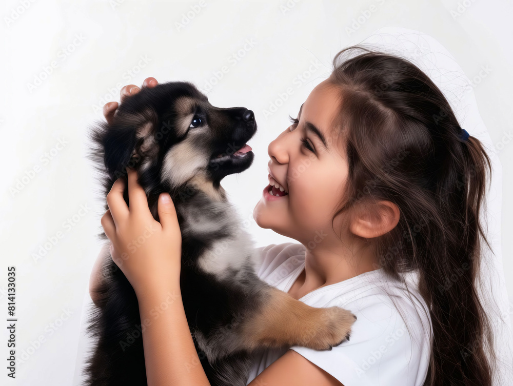 A little girl is holding a puppy and smiling. A little girl is holding a puppy and smiling.
