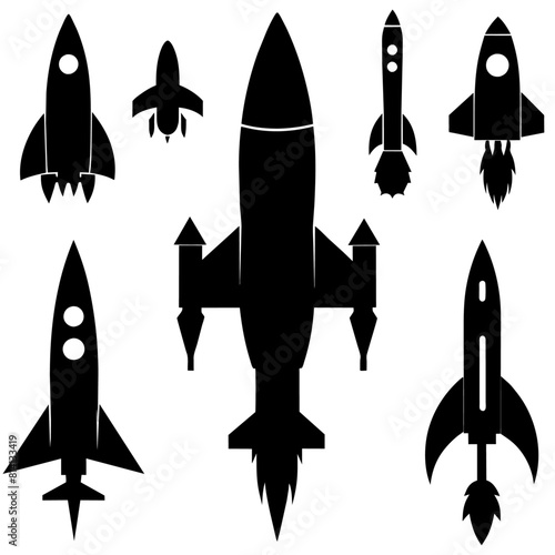 a high resolution vector bundle of rocket ship silhouettes, featuring a variety of rocket spaceship