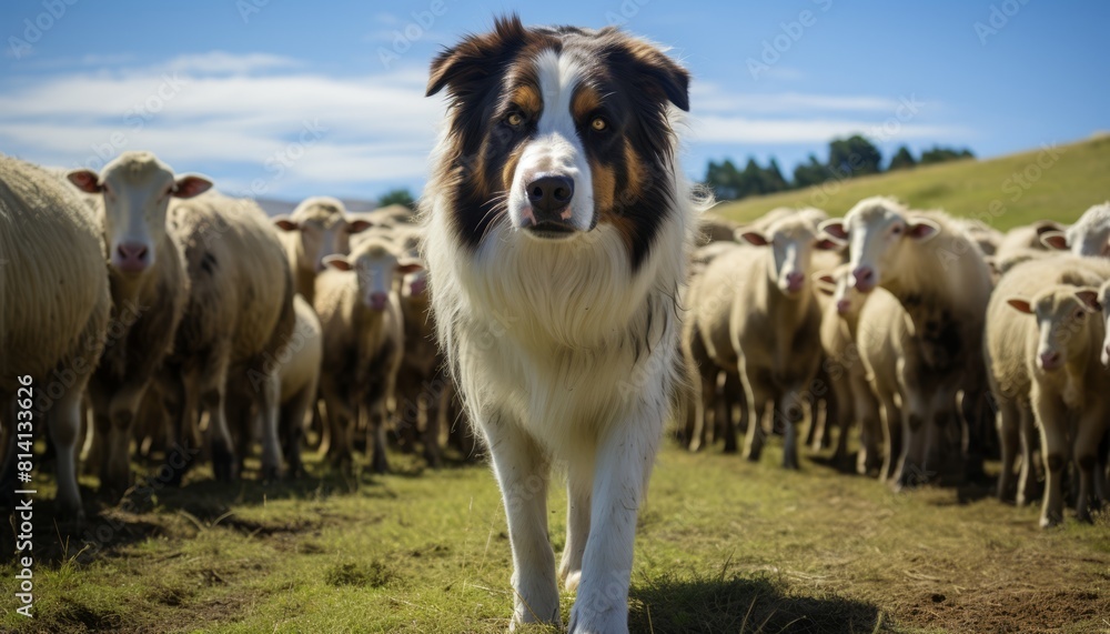 Australian Shepherd dog standing in front of a flock of sheep on a sunny day Australian Shepherd dog standing in front of a flock of sheep on a sunny day