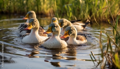 Group of ducks swimming in a pond at sunset surrounded by reeds photo