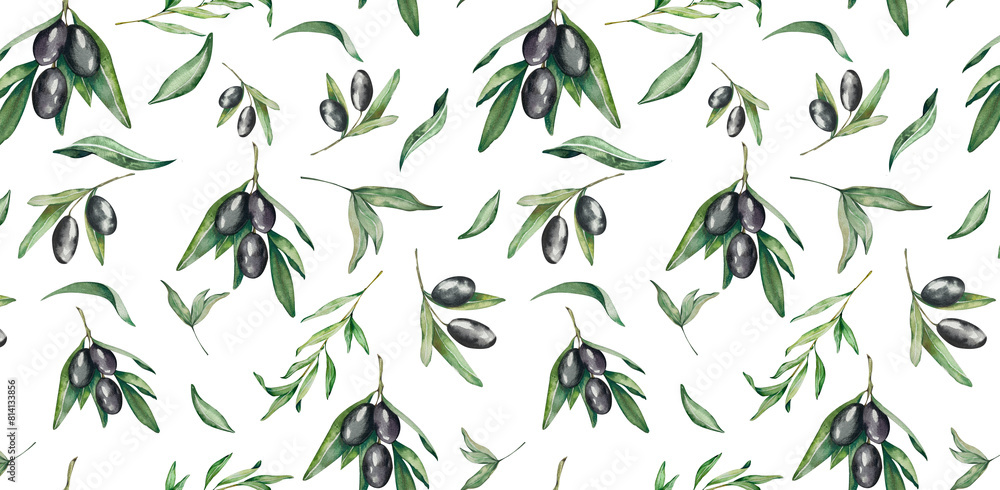 Seamless Pattern. Watercolor Twigs Black Olive Tree with Fruits, Leaves. For Packaging Design Cosmetics, Kitchen, Home Textiles, Invitations, Cafe Menus, Tableware, Stationery, Business Cards, Flyers Seamless Pattern. Watercolor Twigs Black Olive Tree with Fruits, Leaves. For Packaging Design Cosmetics, Kitchen, Home Textiles, Invitations, Cafe Menus, Tableware, Stationery, Business Cards, Flyers